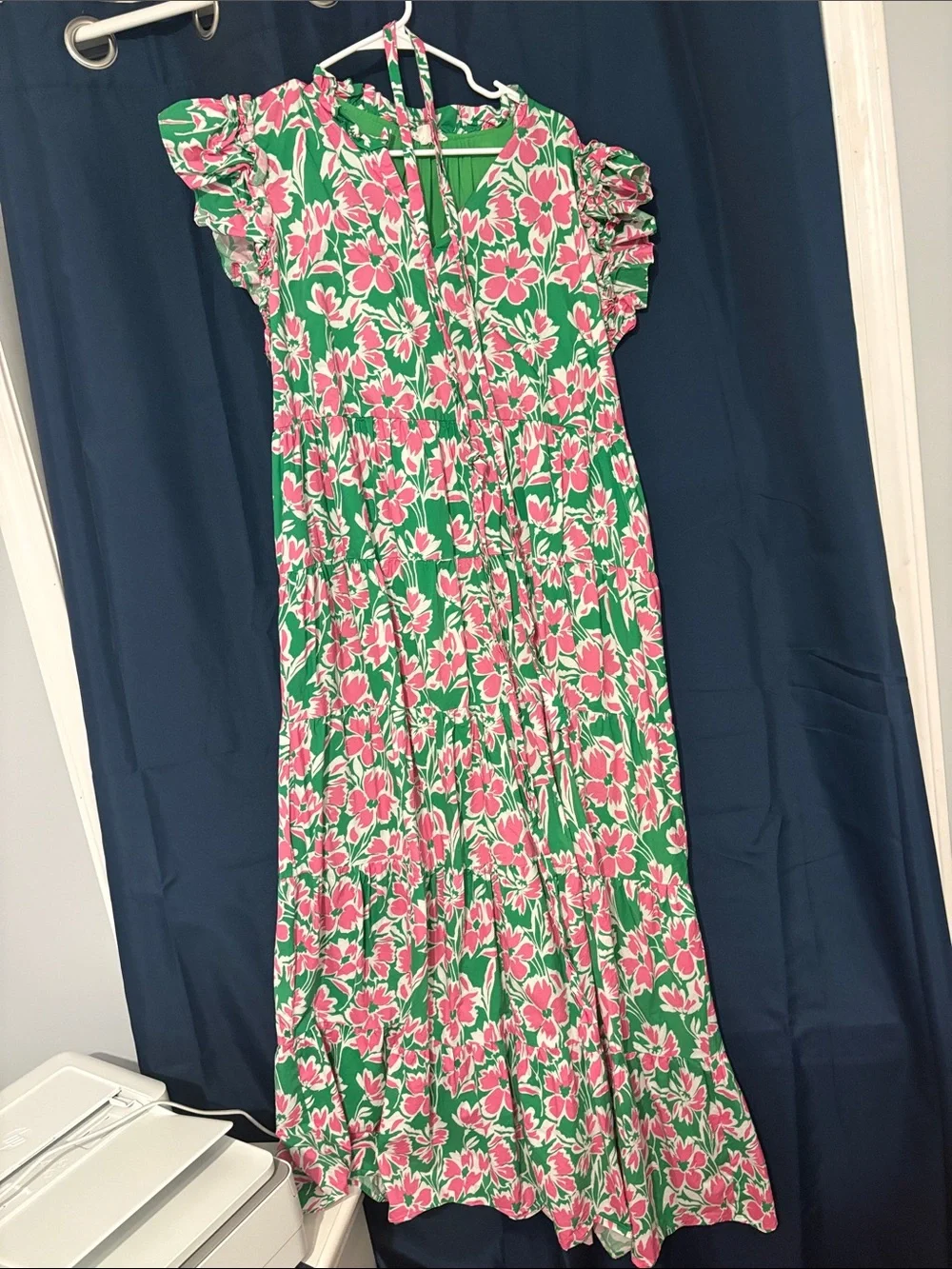 Green & Pink Floral Tiered Girls' Maxi Dress with Ruffle Sleeves